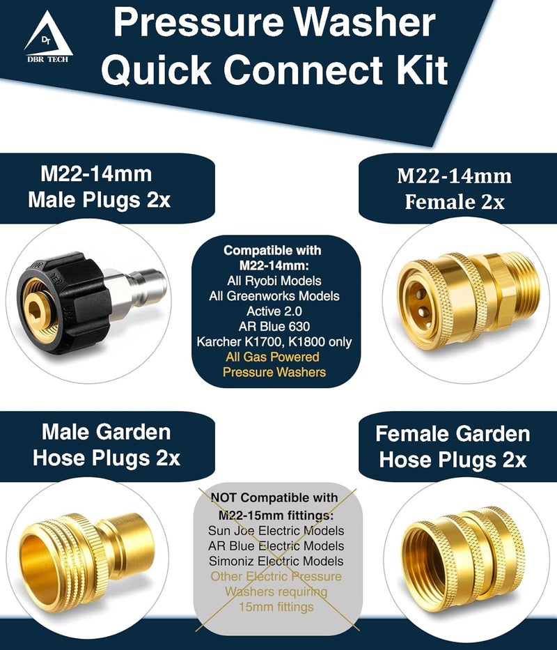 DBR Tech ® Pressure Washer Quick Connect Kit | M22-14mm Premium Brass Adapter Set, M22 Swivel to 3/8'' Quick Release Disconnect, 3/4 Inch Fittings for Power Washer Hose | Spray Gun Connector Kit - Image 4